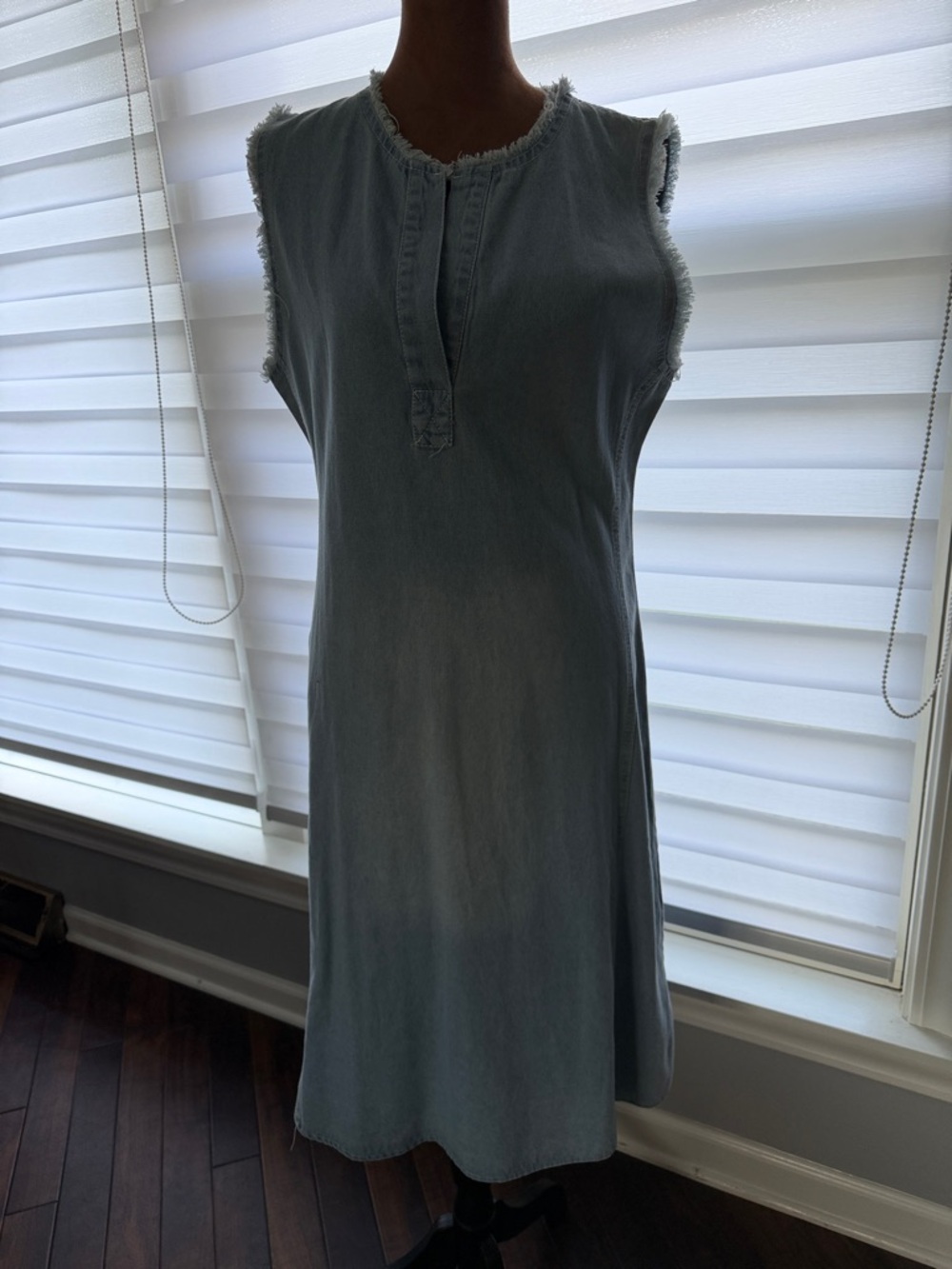 Sleeveless Fringe-Trim Denim Shift Dress - Light Blue